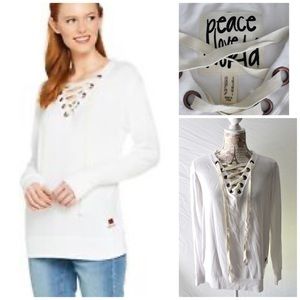 Peace Love World Lace-up V Neck Long Sleeve Top S.